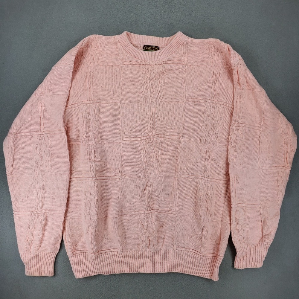 Oakton Limited Sweater Mens L Pink Vintage 90s Cotton Geometric Knit USA Made